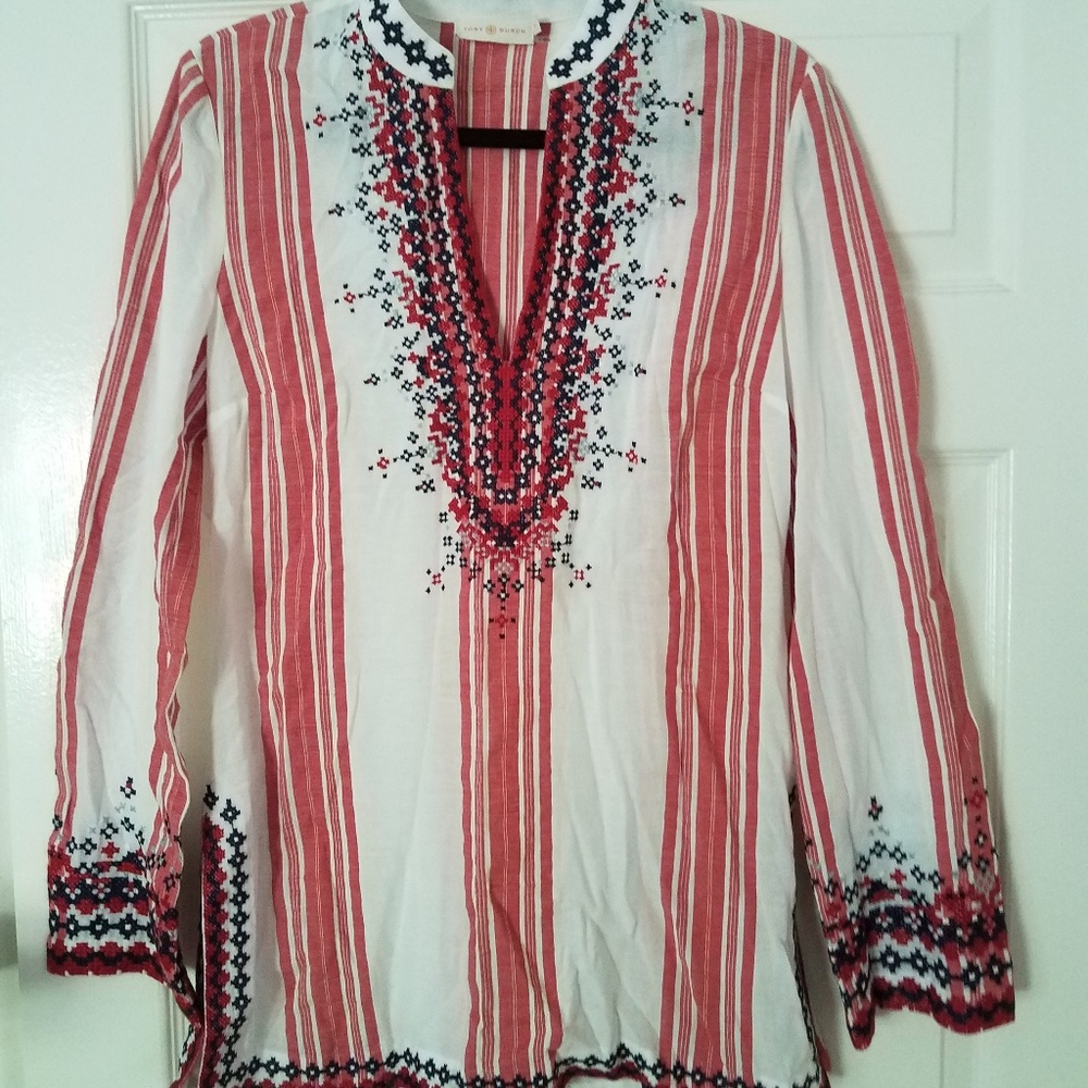 Tory Burch Caprice Tunic Red & White & Embroidery